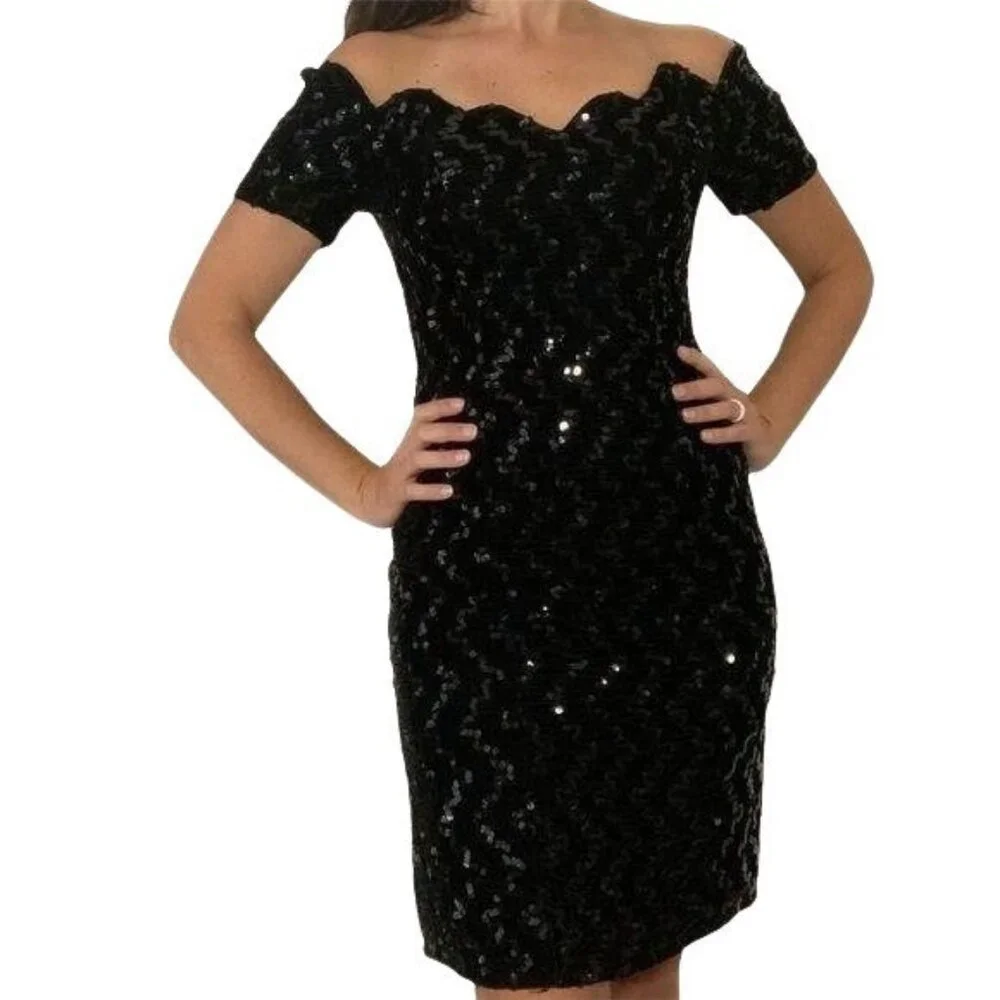 Vintage Zum Zum Black Dress Size Small Velvet Sequin Metallic Short Sleeves